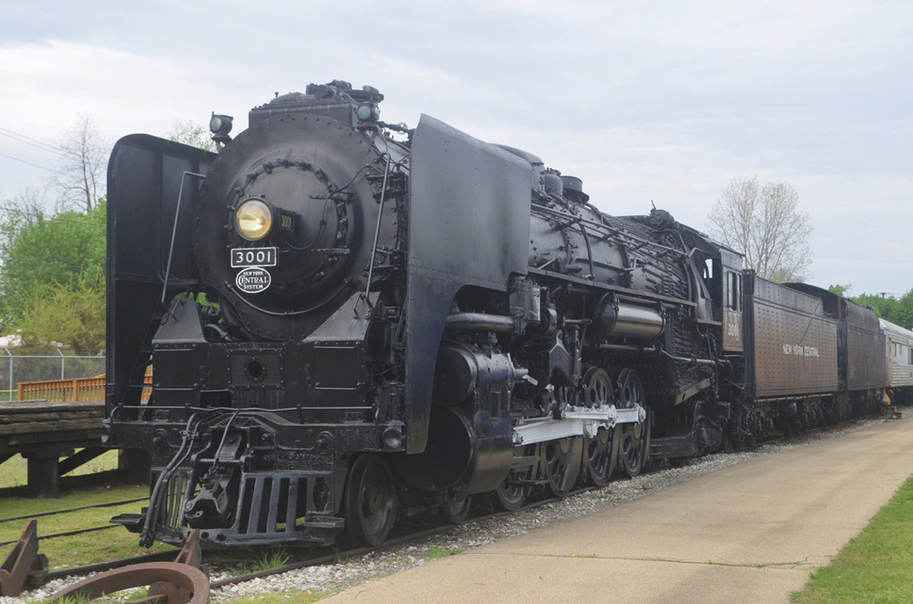 Steam locomotive on display.