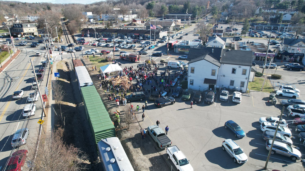 Aerial view of toy-collection train stop