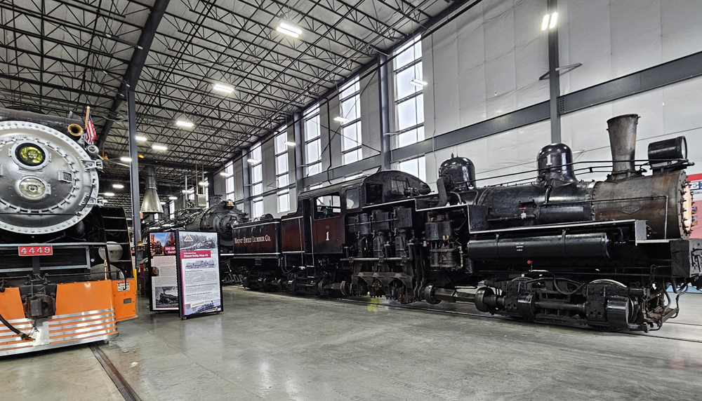 Geared steam locomotive in shop building