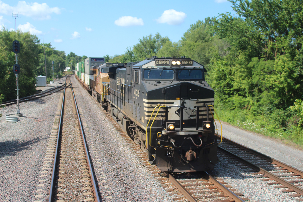 Freight train seen from on board the passenger train