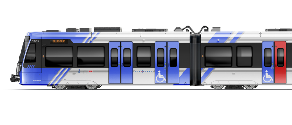 Side-view illustration of white light-rail vehicle with red and blue trim