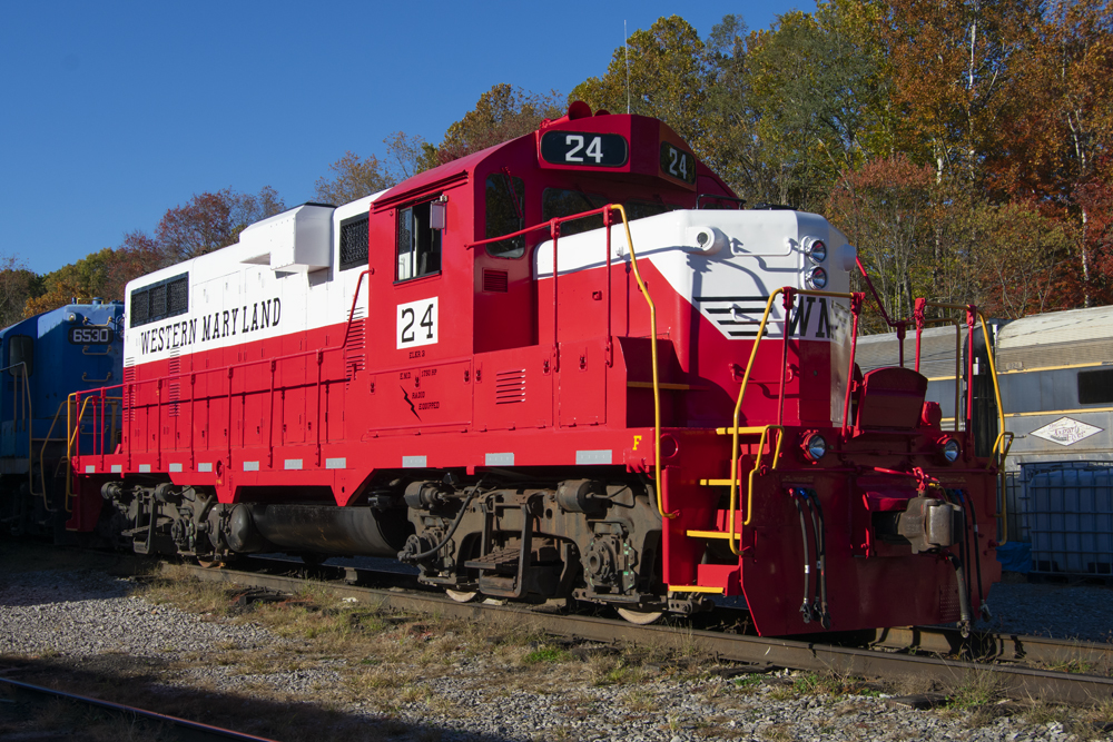 Red and white road-switcher with Western Maryland lettering