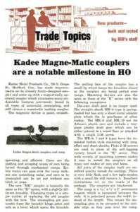 copy of a printed page showing black printed text, an illustration in dark red ink, a large black type headline, and a small photo of model train knuckle-shaped couplers. 