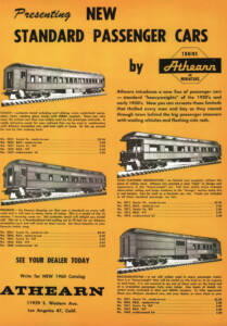 Vintage advertisement for model train passenger cars featuring a yellow page with black text and black & white photos of four old-time train cars.