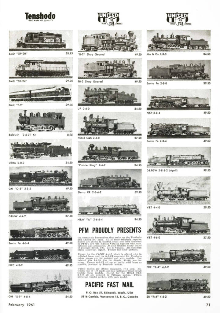 Black and white vintage advertisement page with many pictures of model train locomotives with black text and price information. 