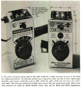 Black and white vintage magazine photo showing two small rectangular metal cases with black printing, knobs, and switches, as well has with small black callouts showing overall dimensions, as a long caption printed on white.