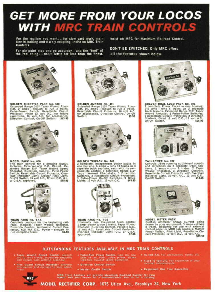 Black, red, and white vintage advertisement page with may pictures of model train control boxes set in three neat rows, each with a small block of text beneath it and over a red bottom border with fine white text. 