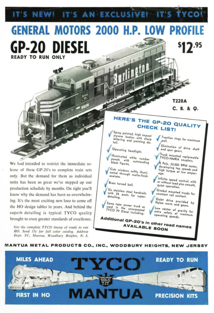 Black, white, and blue vintage advertisement page with a large toy train diesel locomotive photo at the top, a white and black box of inset text and sales points, and a blue band at the bottom with black and white text and two gray illustrations of speeding trains heading in opposite directions. 