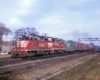 Red-and-gray diesel locomotives of Burlington Route history with freight train