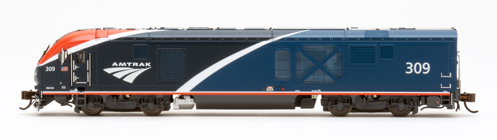 Color photo showing side view of streamlined N scale passenger locomotive.