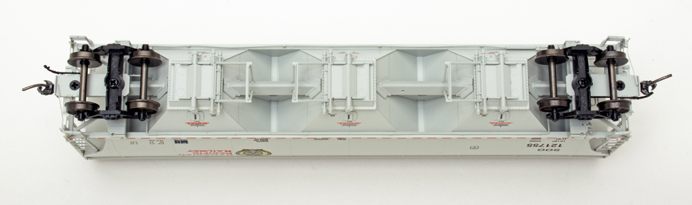 Color photo showing underbody details of HO scale covered hopper.