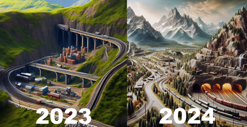 Using the same prompt, "Model railroad layout trackplan, birds eye view, HO scale, mountainous, with tunnel, mining operation and city," demonstrates the progress made in the field of LLM image generation over the course of one year. The difference in the level of detail between 2023 and 2024 is self-evident, and upon closer inspection, one notices clearer delineation between locomotives and buildings on the image at right as opposed to its predecessor. Mitch Horner image