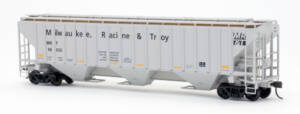 Color photo of HO scale covered hopper painted gray with black graphics.