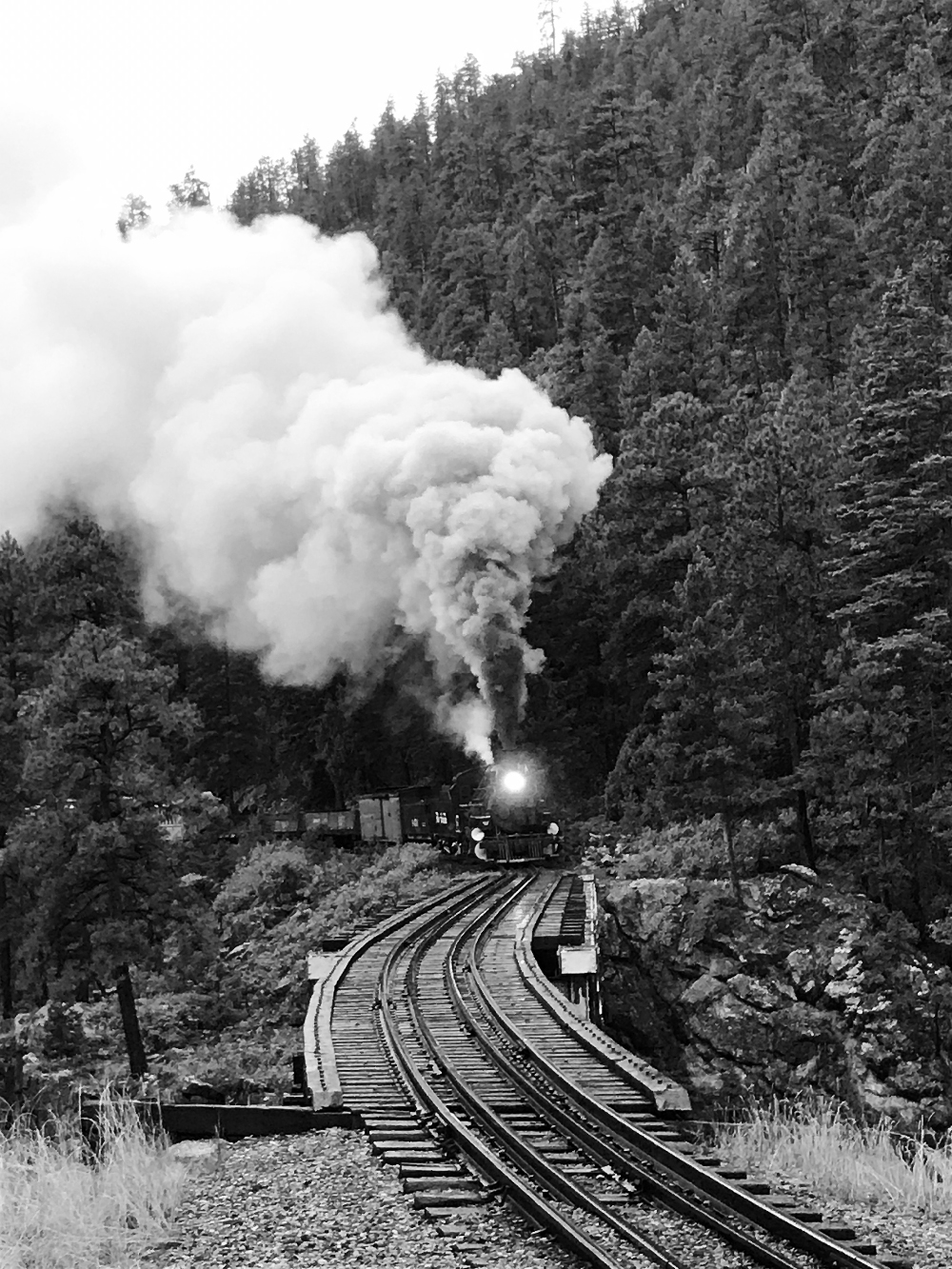 Black & white image of a steam locomotive crossing a bridge. Durango & Silverton Narrow Gauge