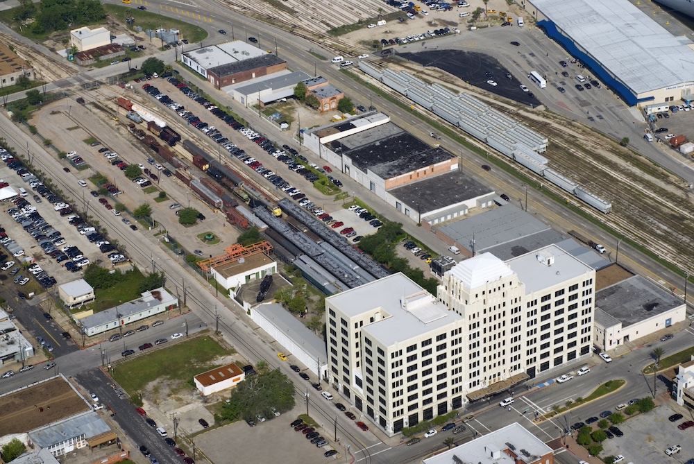 Aerial view of railroad station and museum