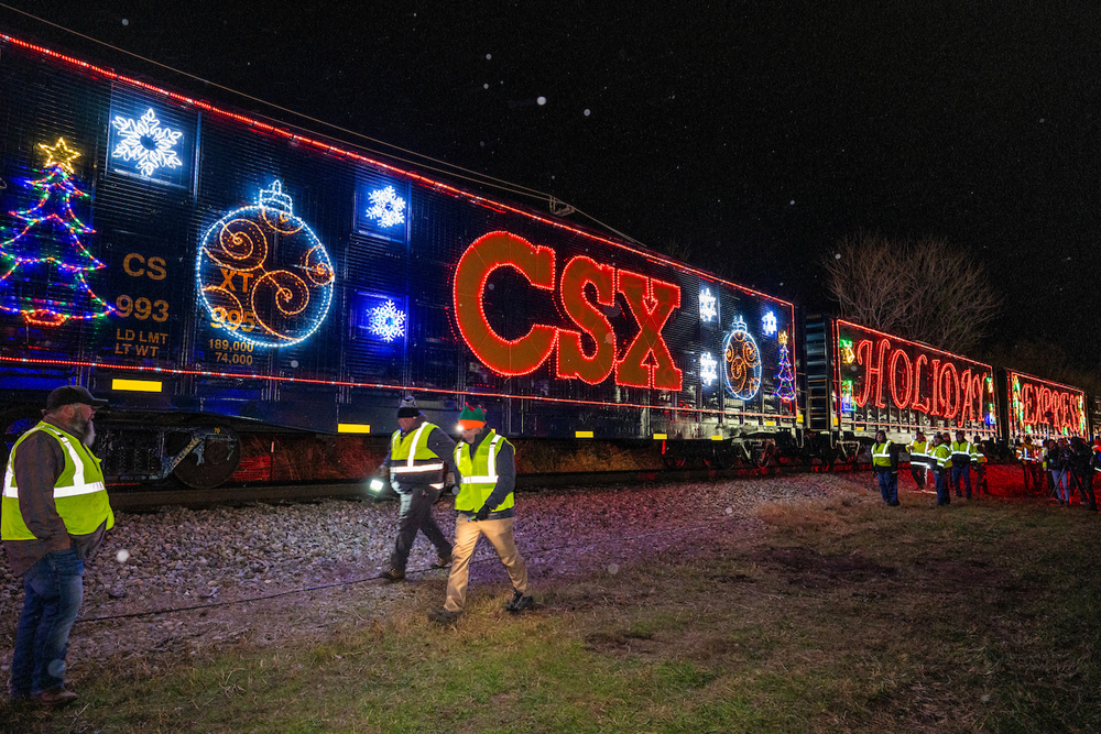 Railcars decorated with holiday lights