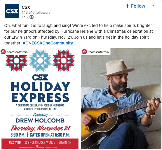 Social media post announcing CSX holiday train event in Erwin, Tenn.