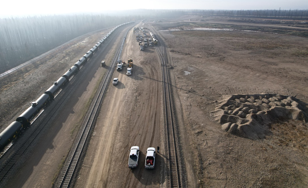 Aerial view of small rail yard