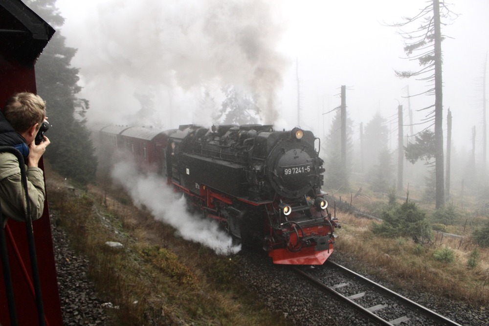 Steam locomotive in fog