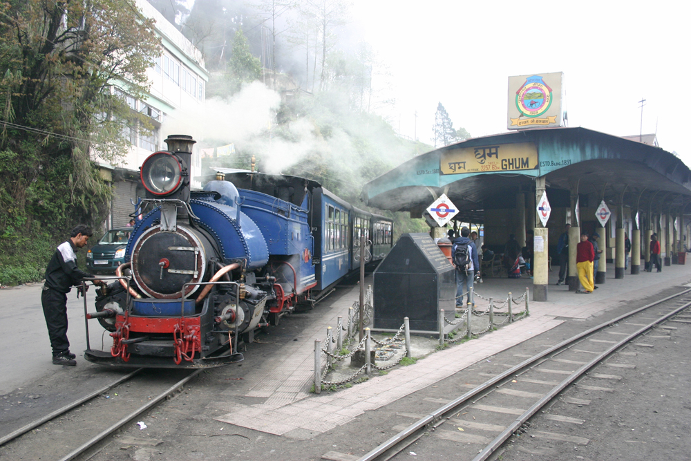 Small-gauge steam locomotive and train at station