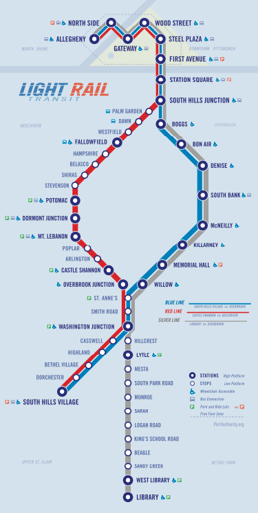 Map of Pittsburgh Regional Transit light rail network