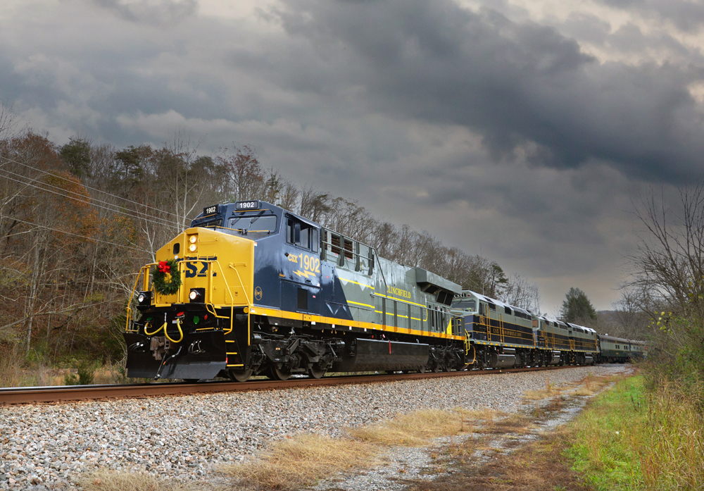 Train under threatening skies