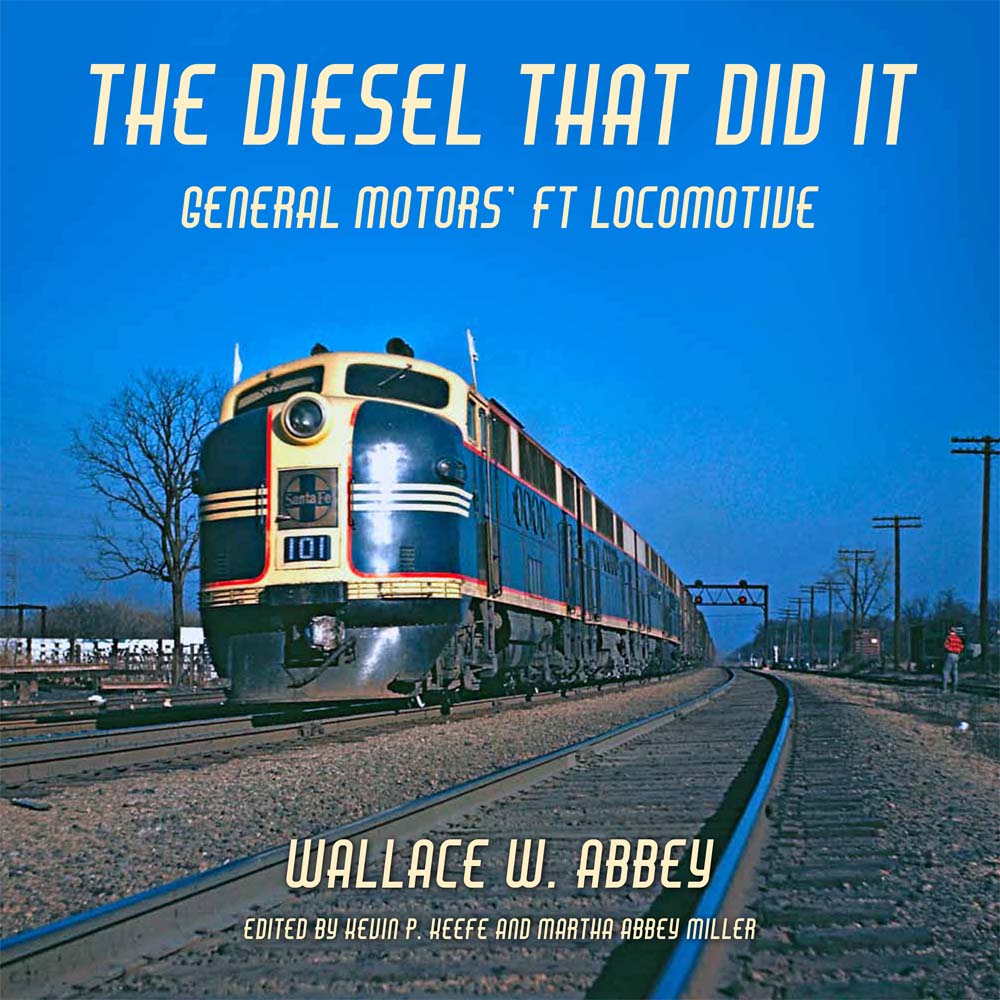 Book cover with blue-and-yellow diesel locomotive under blue sky