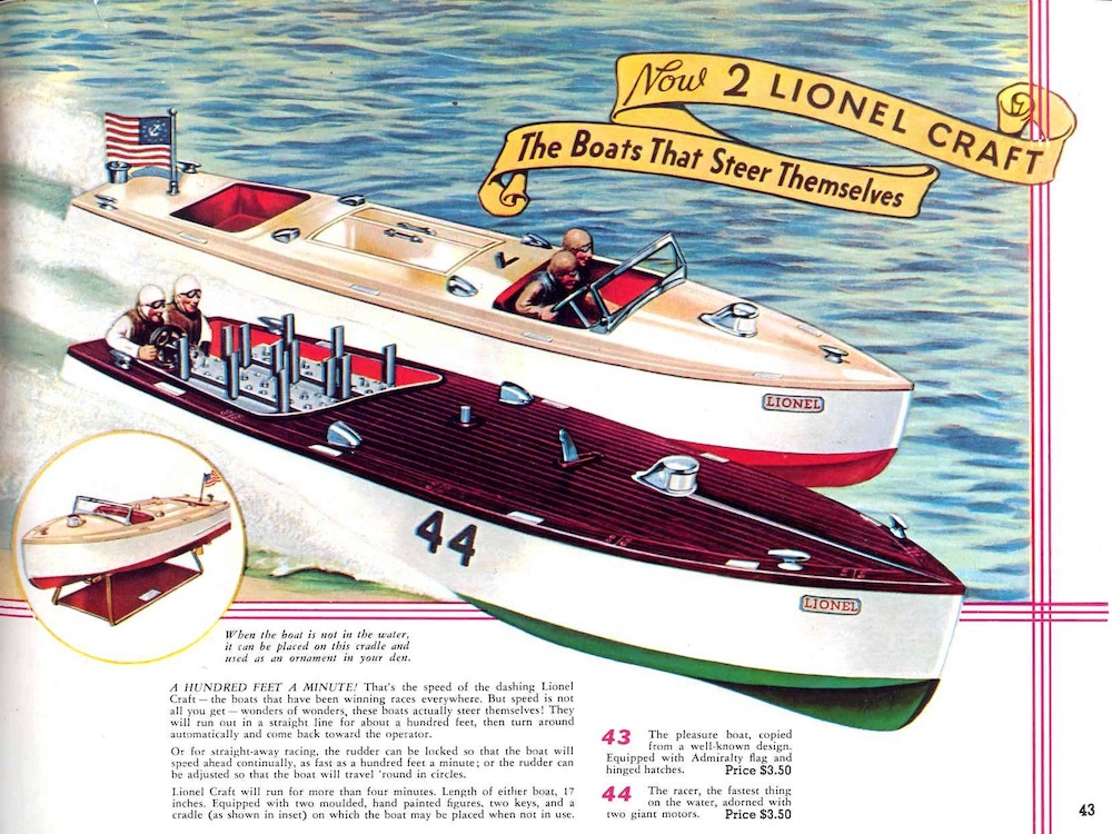 vintage catalog page with toy boat; Lionel Nos. 43 and 44 boats