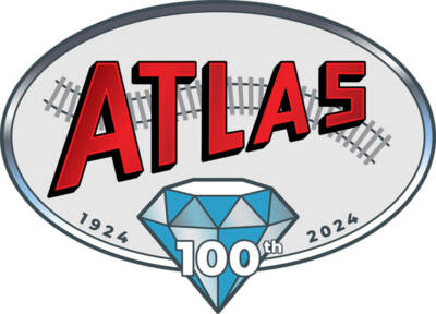 The 100th anniversary logo for Atlas model railroad company