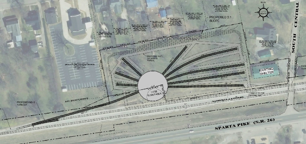 Diagram showing layout of turntable and rail yard. Groundbreaking in Watertown Tenn. for new turntable and yard.