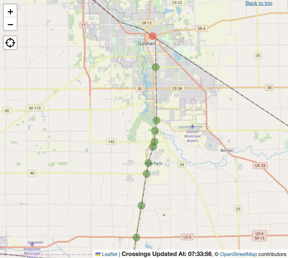 Map with red or green indicators to show the status of grade crossings