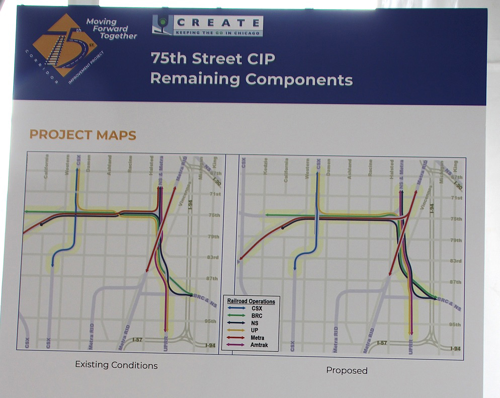 Poster showing before-and-after views of track realignment project