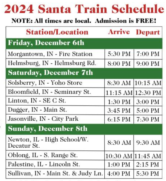 Schedule for Indiana Rail Road Santa Train