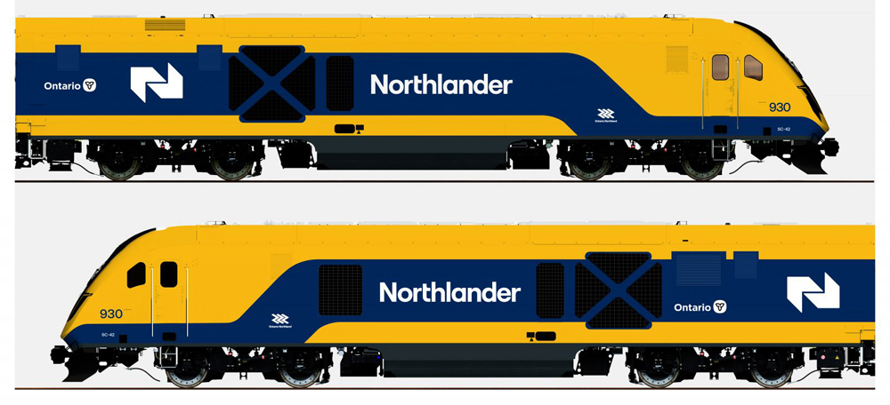 Side-view illustration of blue and yellow passenger locomotive