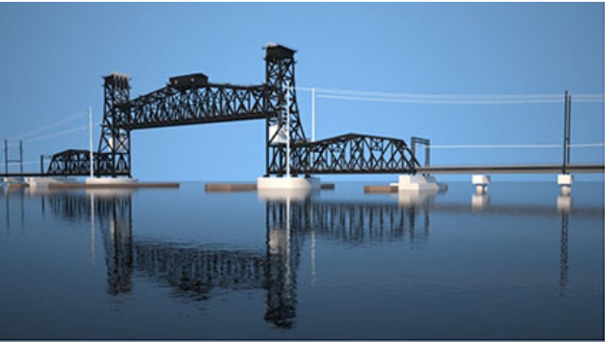 Illustration of rail lift bridge with center span raised