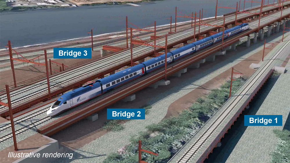 Illustration of Amtrak train on bridge over other rail lines