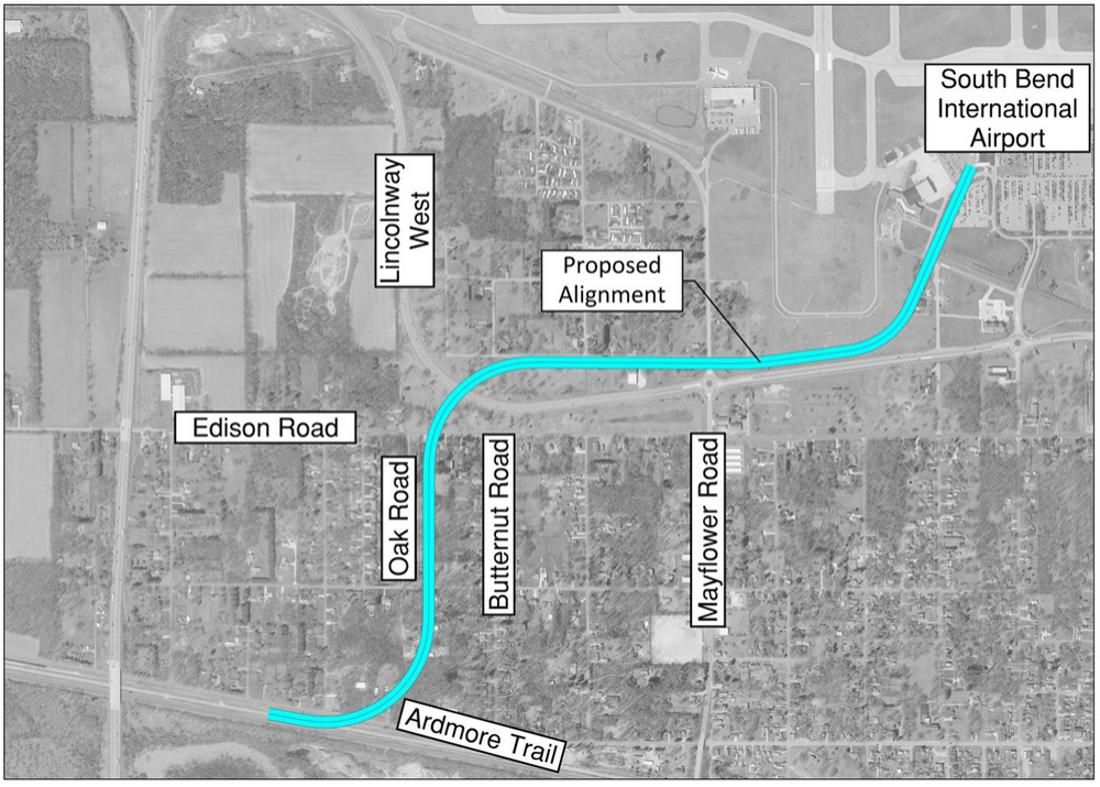 Map of proposed South Shore Line to South Bend airport