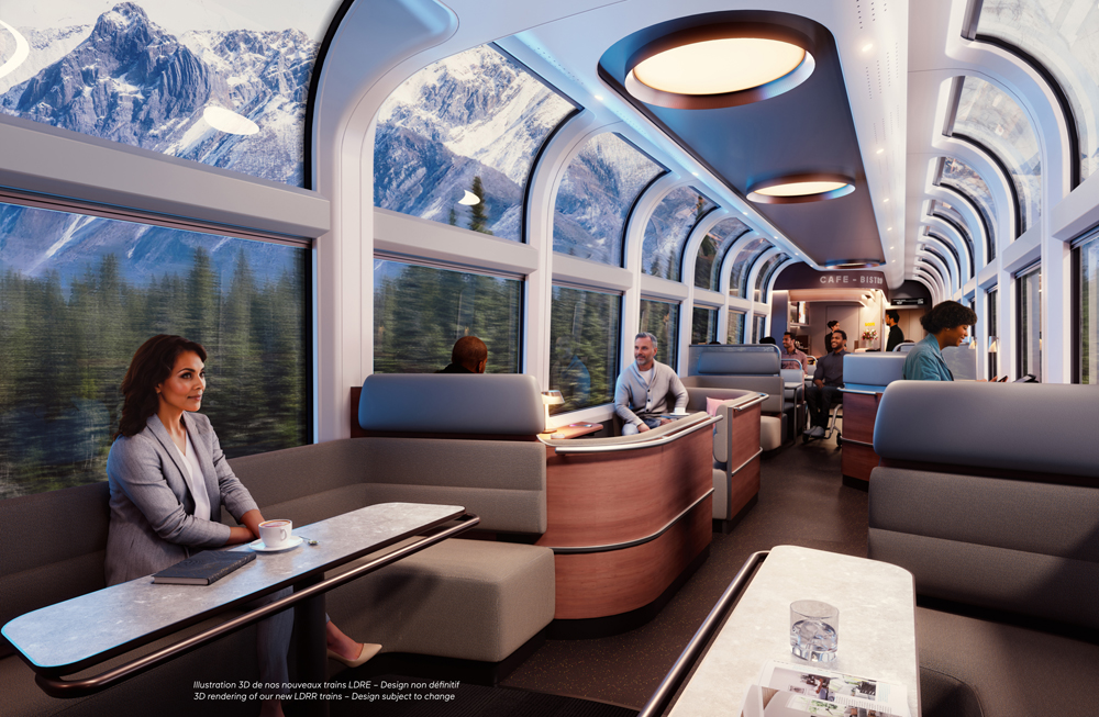 Lounge car with curved windows