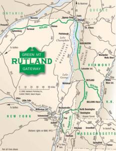 Green-and-tan map of railroad with green logo