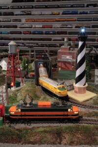 scene on layout with two locomotives