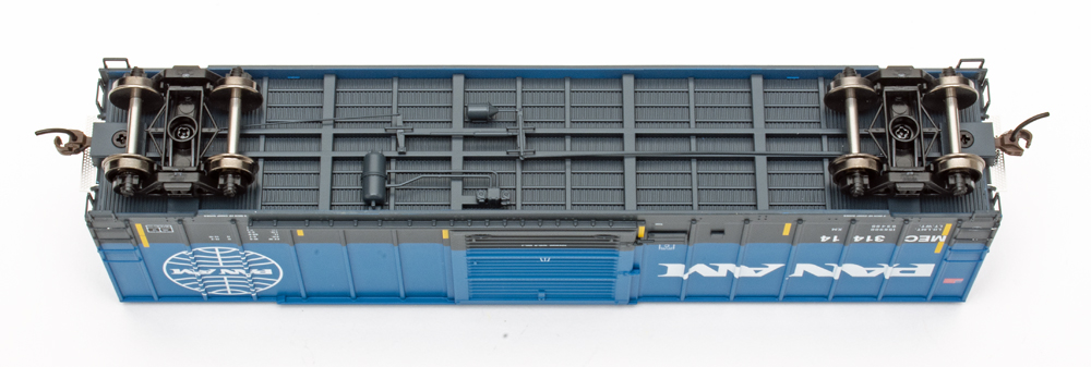 Color photo showing underbody details on HO scale boxcar.