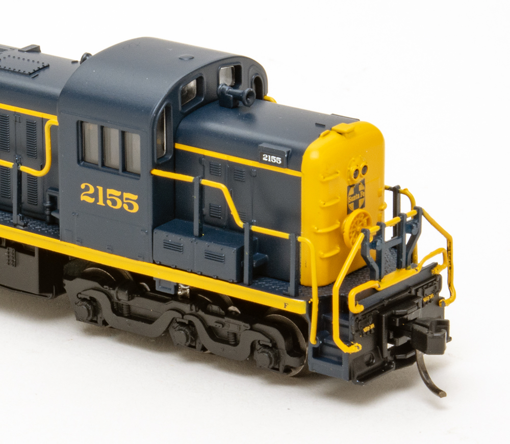 Color photo showing nose details on N scale diesel. 