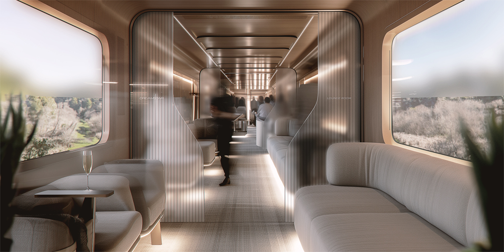 Interior of lounge car with white seating and glass partitions