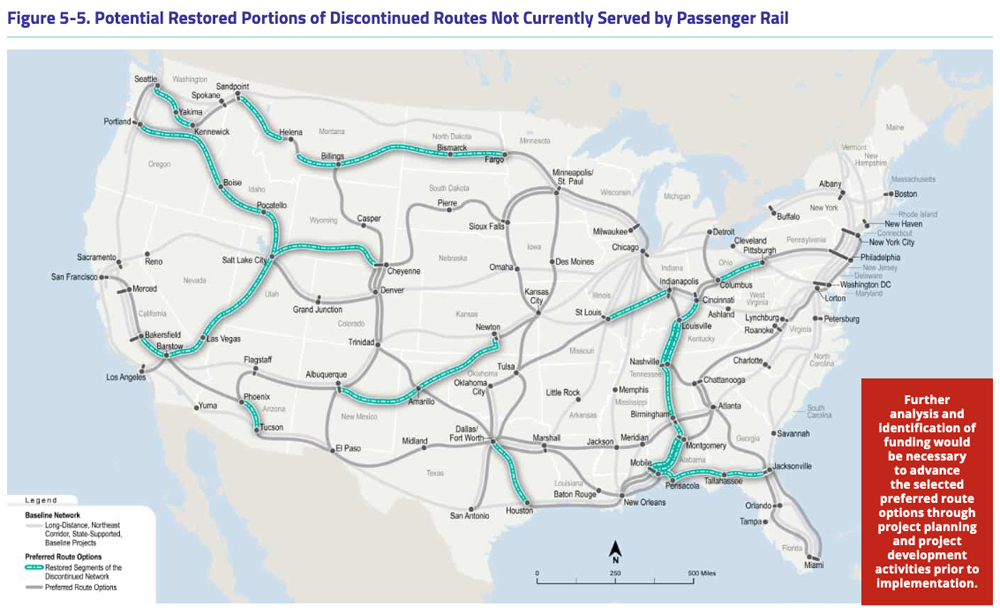 Map showing discontinued routes that would regain service from the FRA's preferred routes.