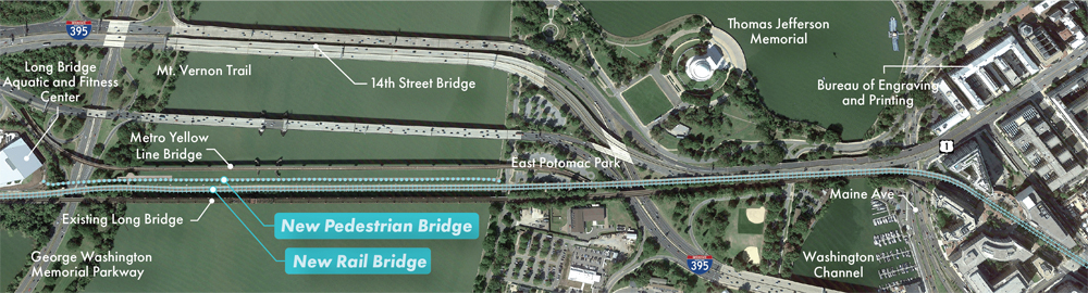 Illustration of elements of construction project for new rail bridge across Potomac River in Washington D.C.