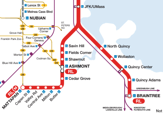 Map detail showing southern portion of MBTA Red LIne