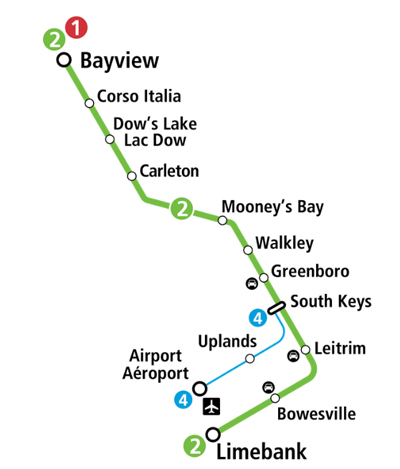 Map of extended Ottawa light rail line 