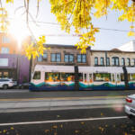 Light rail train in street