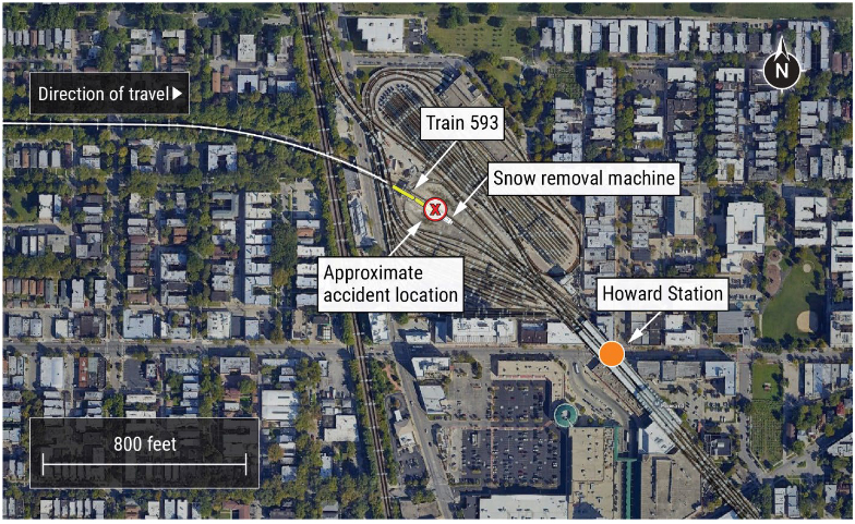 Aerial view of site of collision between CTA train and snow-removal machine