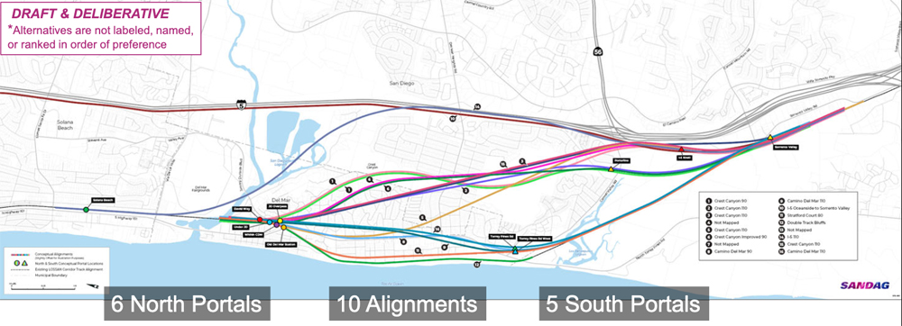 Map of routes for rail line relocation in the Del Mar, Calif., area